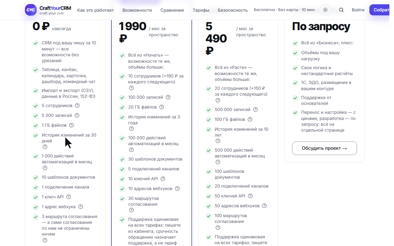Карточки тарифов на главной